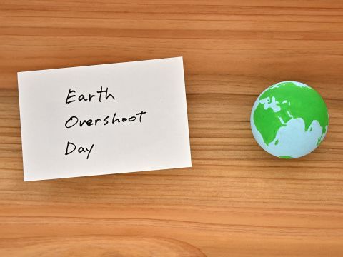 There is an earth ball and a piece of paper with Earth Overshoot Day written on it on a cedar board.