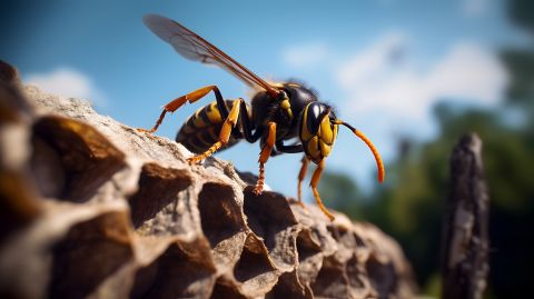 Un frelon asiatique sur un nid d'abeilles en été.