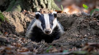  A badger emerging from its burrow